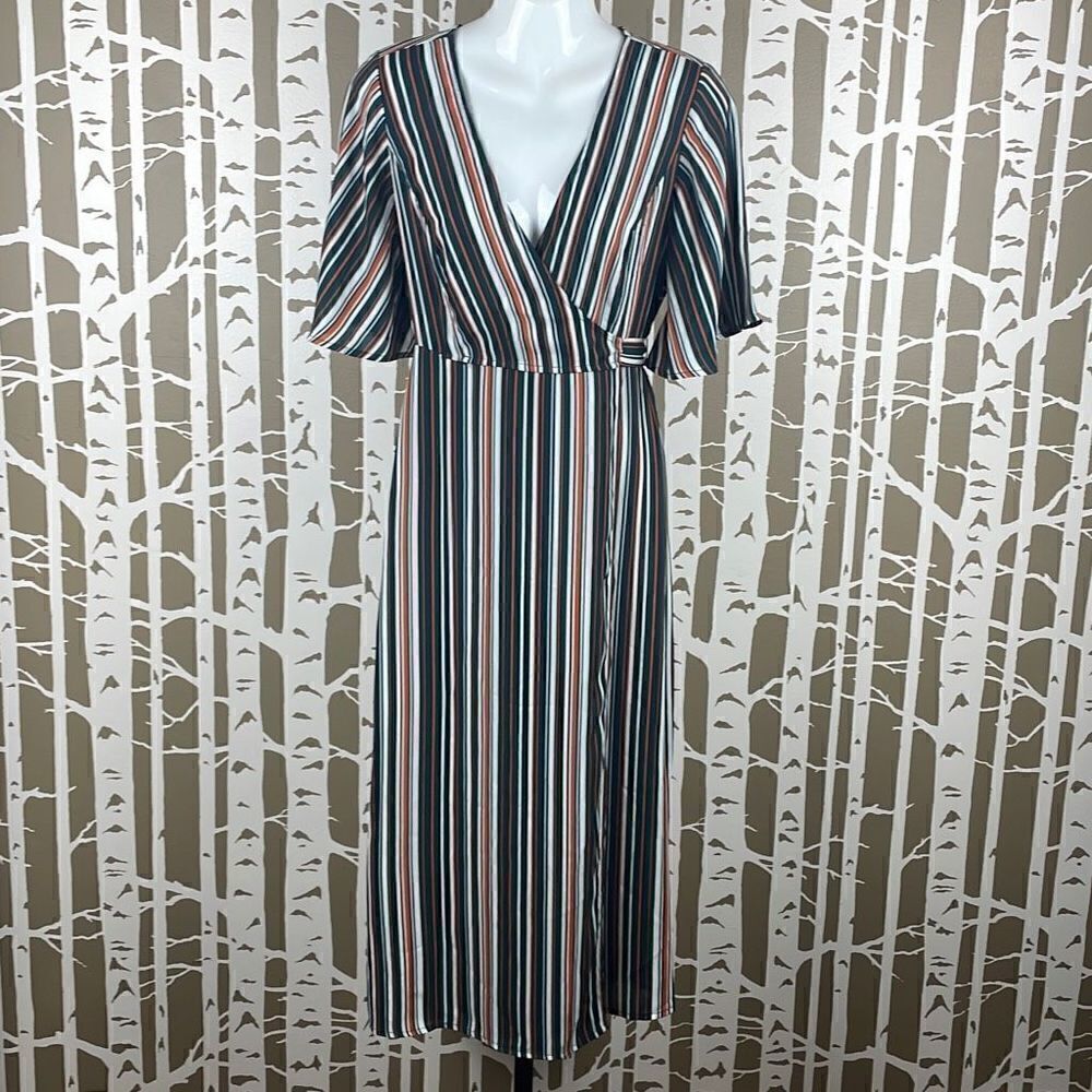 Forever 21 Contemporary Striped Wrap Midi Dress S